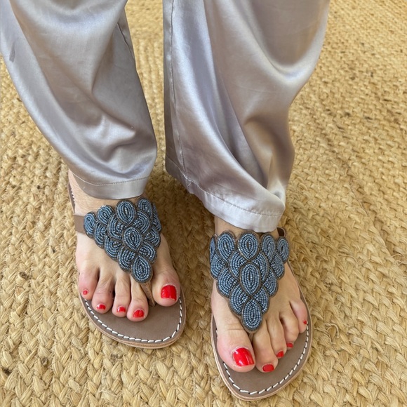 Free People NWT laidback London Blue hand beaded flat sandal Day Evening LOVE☀️ - Picture 2 of 11